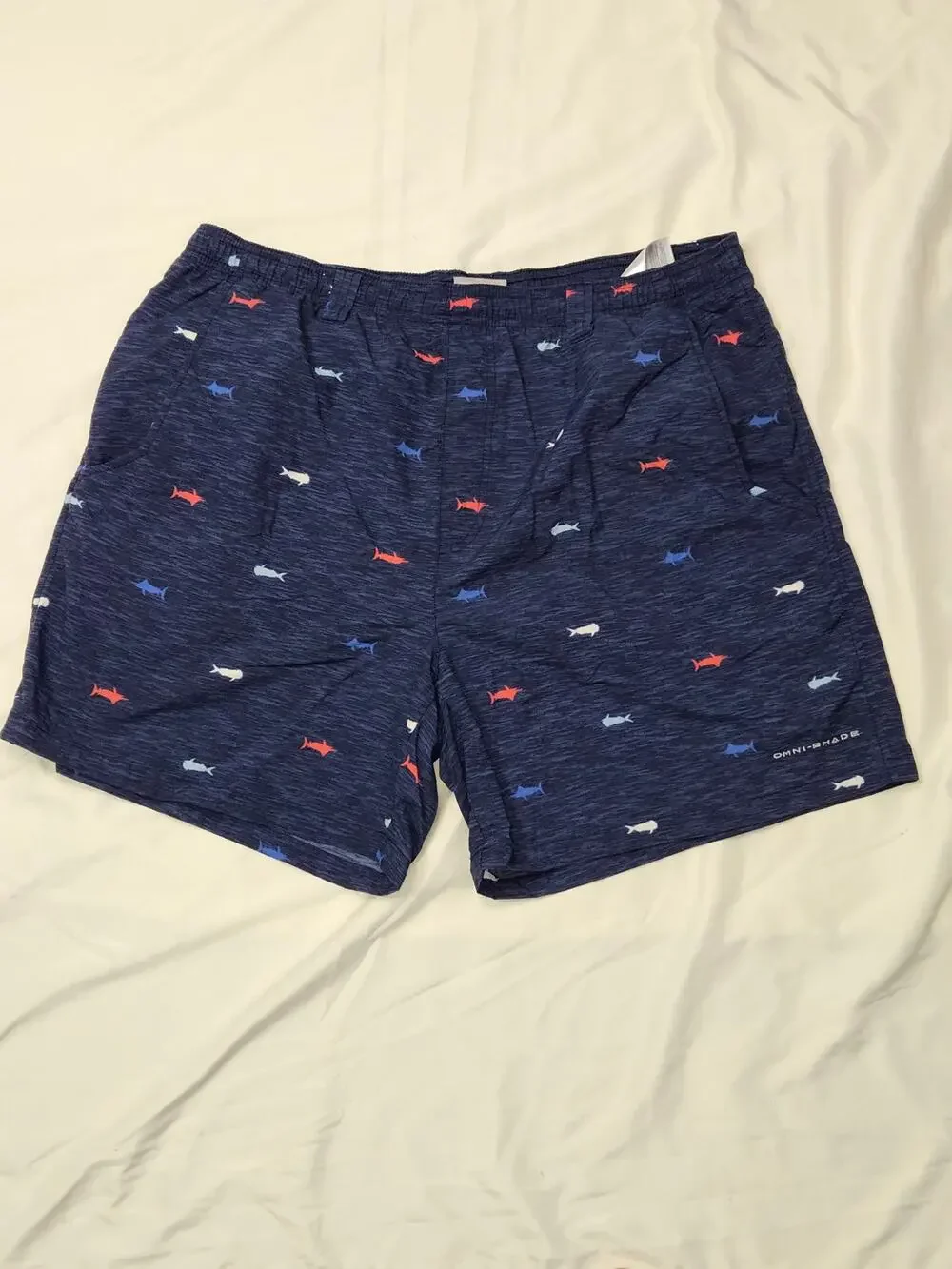 Columbia Omni-Shade fish print swim trunks